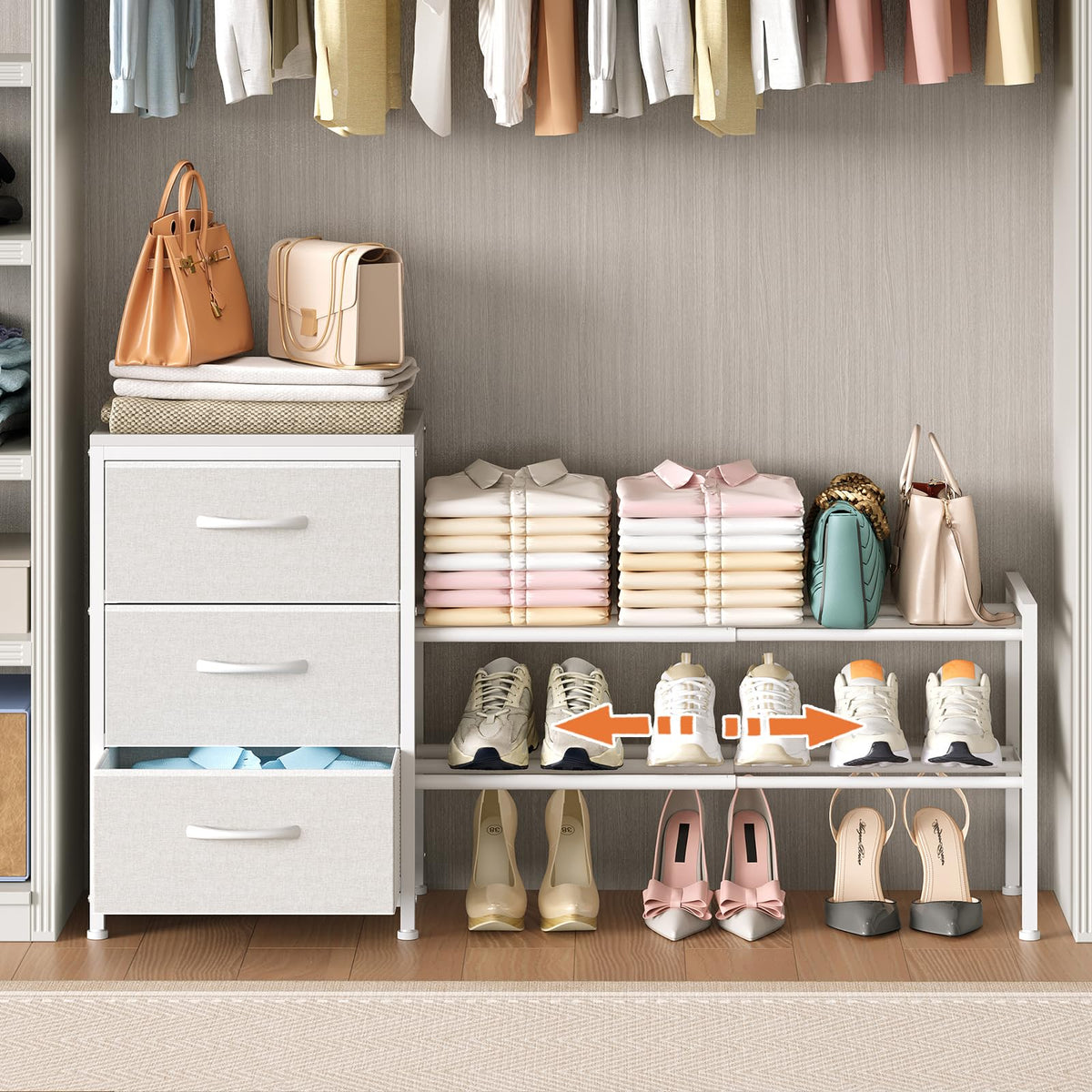 Cidaziya fabric dresser with three drawers keeps clothing neatly organized.