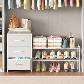 Cidaziya fabric dresser with three drawers keeps clothing neatly organized.