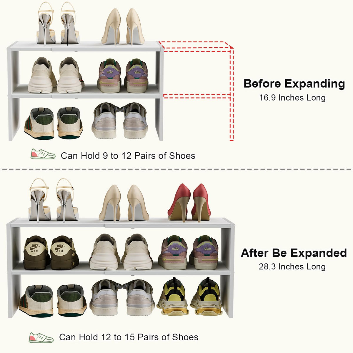 Cidaziya holds 12–24 pairs across two tiers for versatile shoe storage.