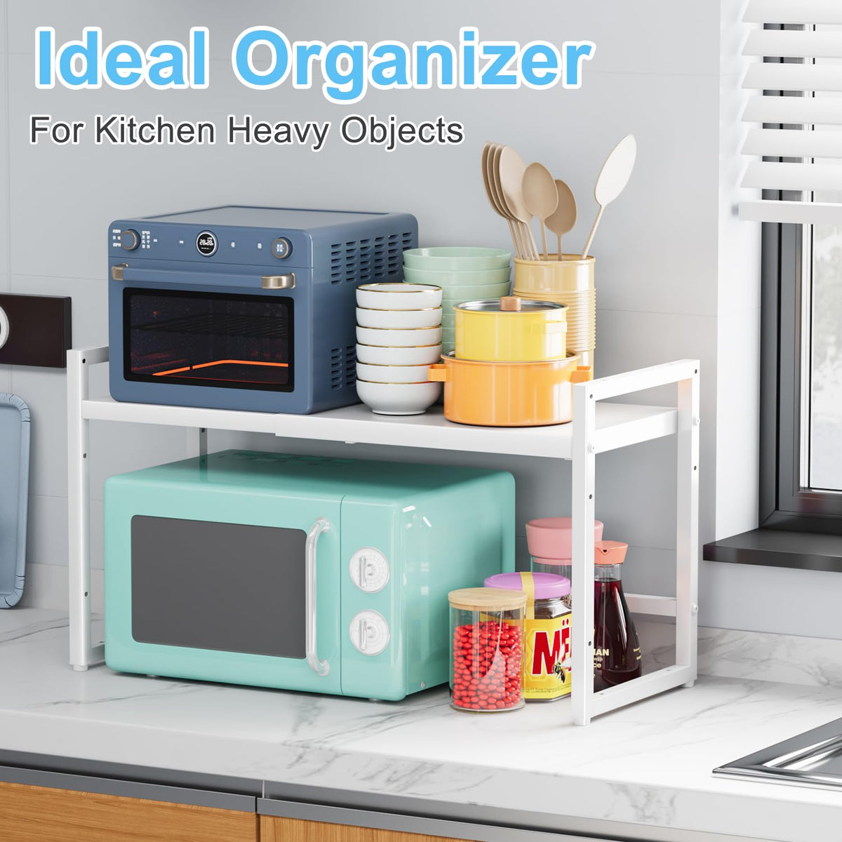 Cidaziya white metal shelving blends with modern kitchens.