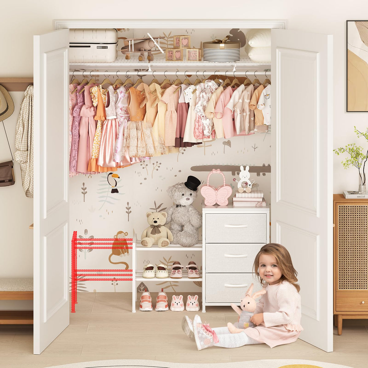 Cidaziya wood-top, metal-frame construction blends with any closet.