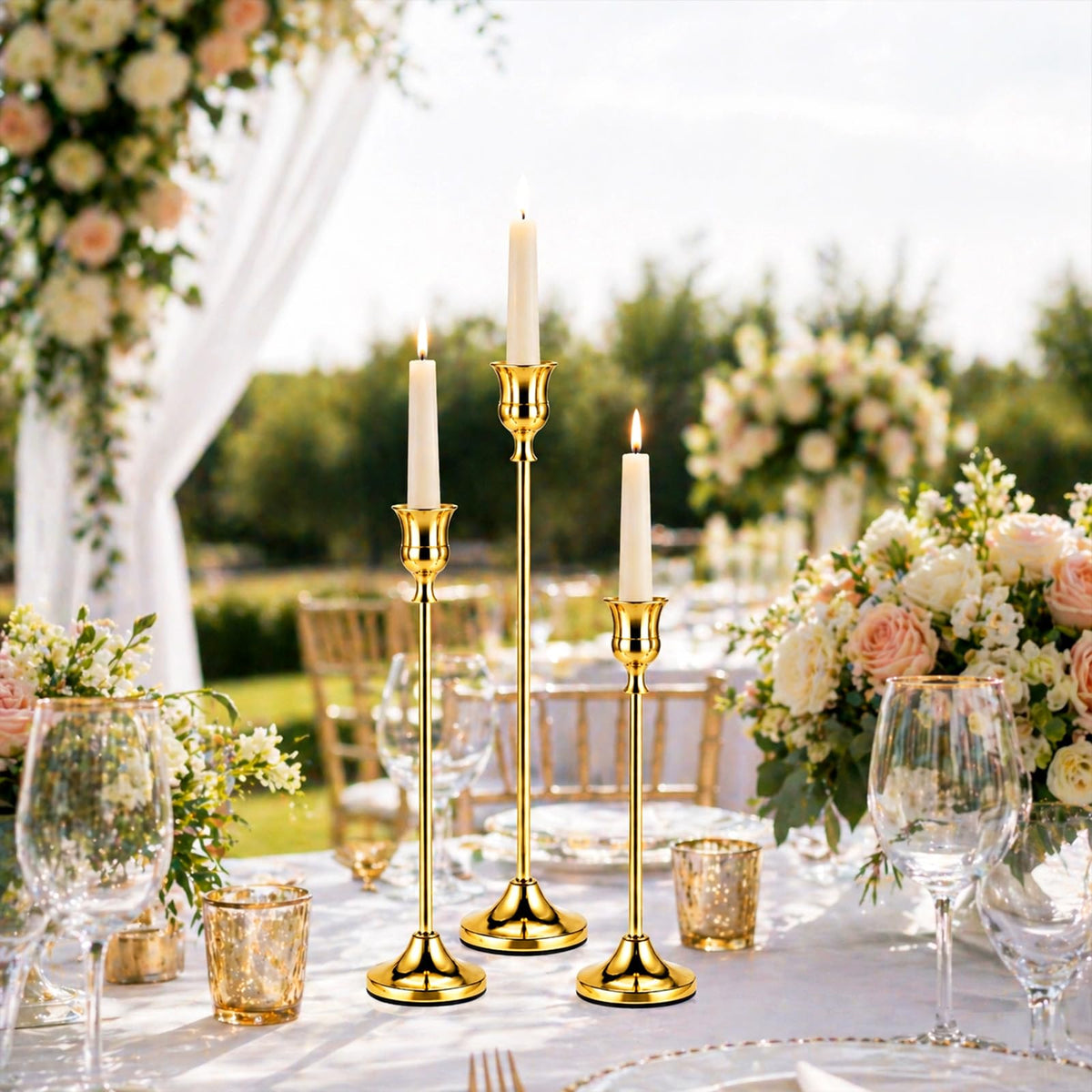 Cieex brass gold candle holders mid-height 7-48 inches create balanced centerpiece focal points