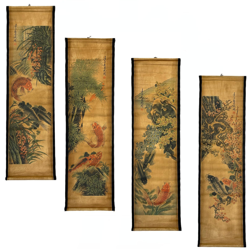 CIFIBIFUN four fish four seasons wall scroll enhances living rooms with seasonal harmony.