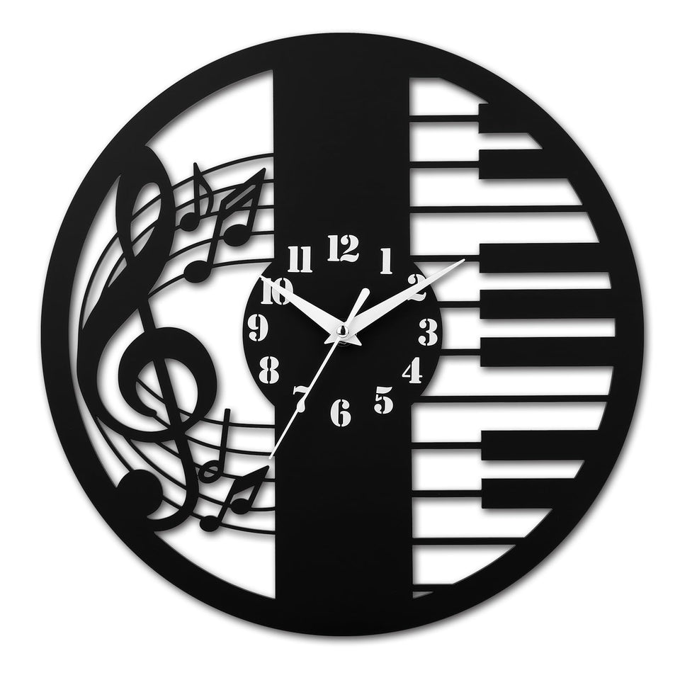 CIGERA 12 inch clock showing piano keys and notes for music room decor.