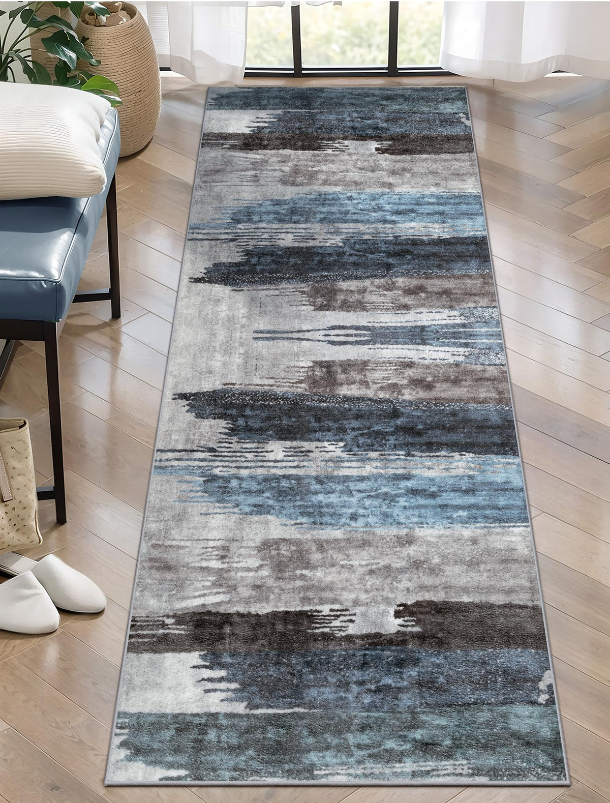 Ciicool 2x6 washable runner rug with navy grey abstract pattern for high-traffic entryways.