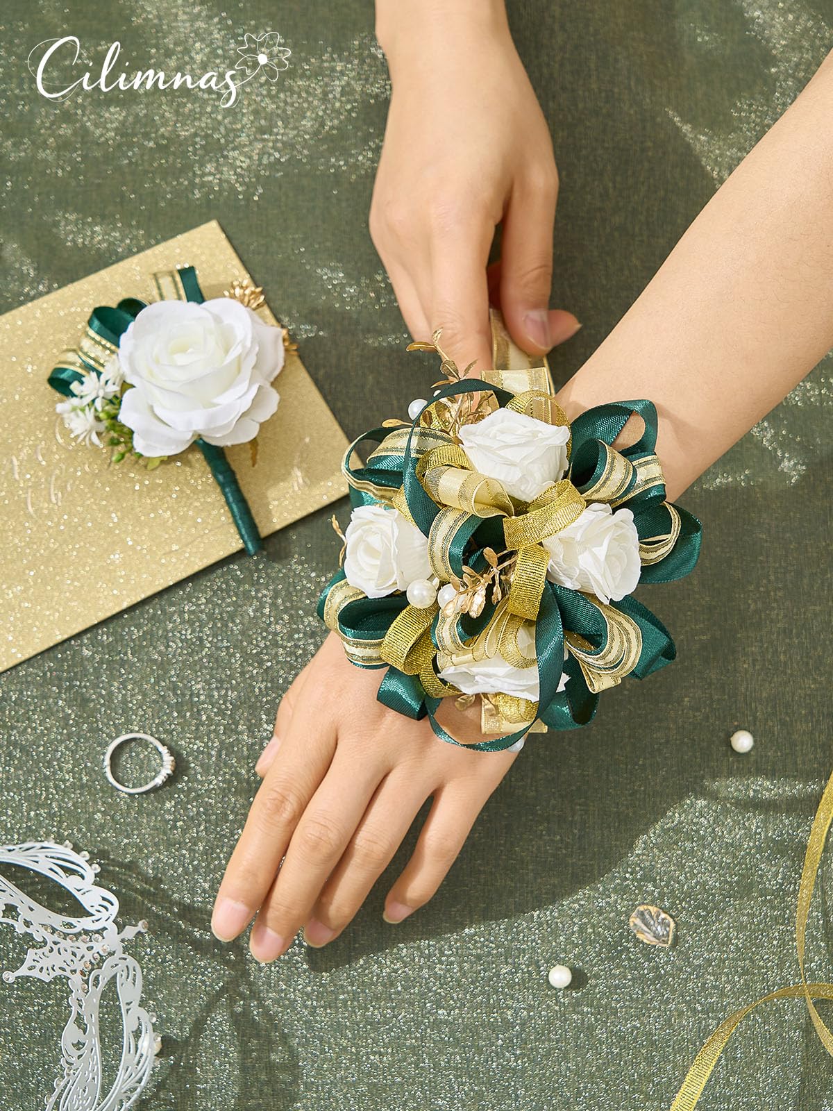 Cilimnas boutonniere close-up with gold foliage detail