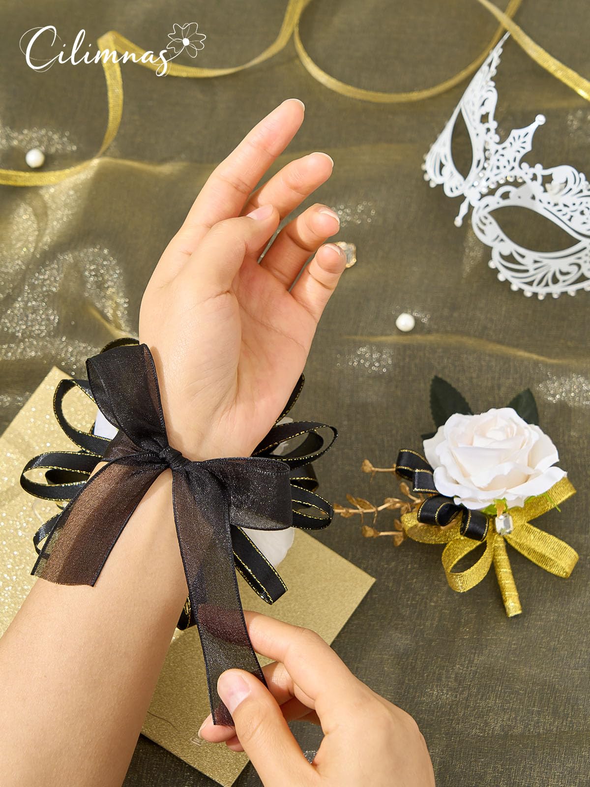 Cilimnas champagne shade ensemble with emerald and gold foliage—sophisticated for prom or wedding.