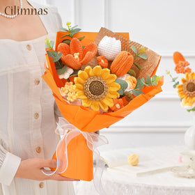 Cilimnas crochet orange flowers full bouquet presents cheerful hues and handmade charm for bright interiors.
