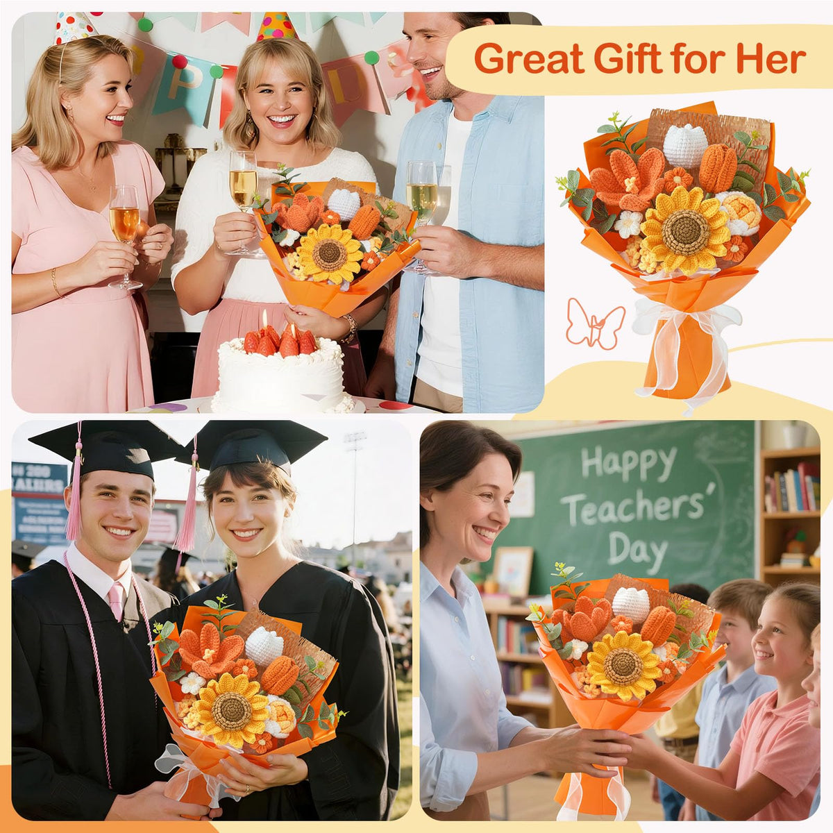 Cilimnas crochet roses bouquet close-up emphasizes color depth and tactile quality for lasting celebrations.
