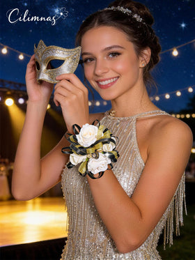 Cilimnas corsage with gold leaf accents and diamond embellishments—subtle luxury.