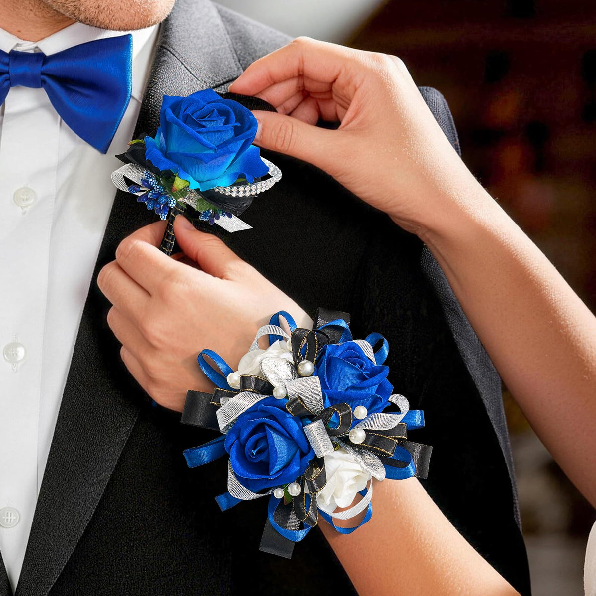 Cilimnas blue corsage and boutonniere set for formal events with coordinated look.
