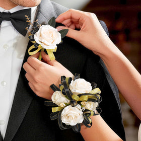 Cilimnas Prom Corsage and Boutonniere champagne rose close-up with gold accents, elegant for formal events.