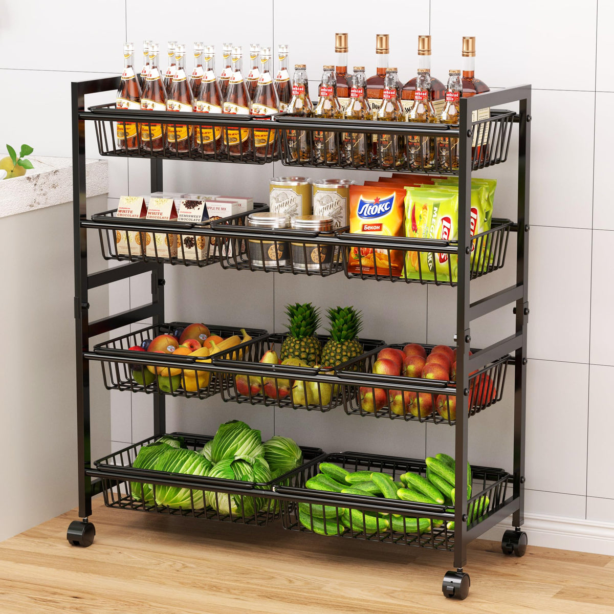 Cinati 4-Tier Snack Cart with Wheels promotes easy mobility and organized storage.