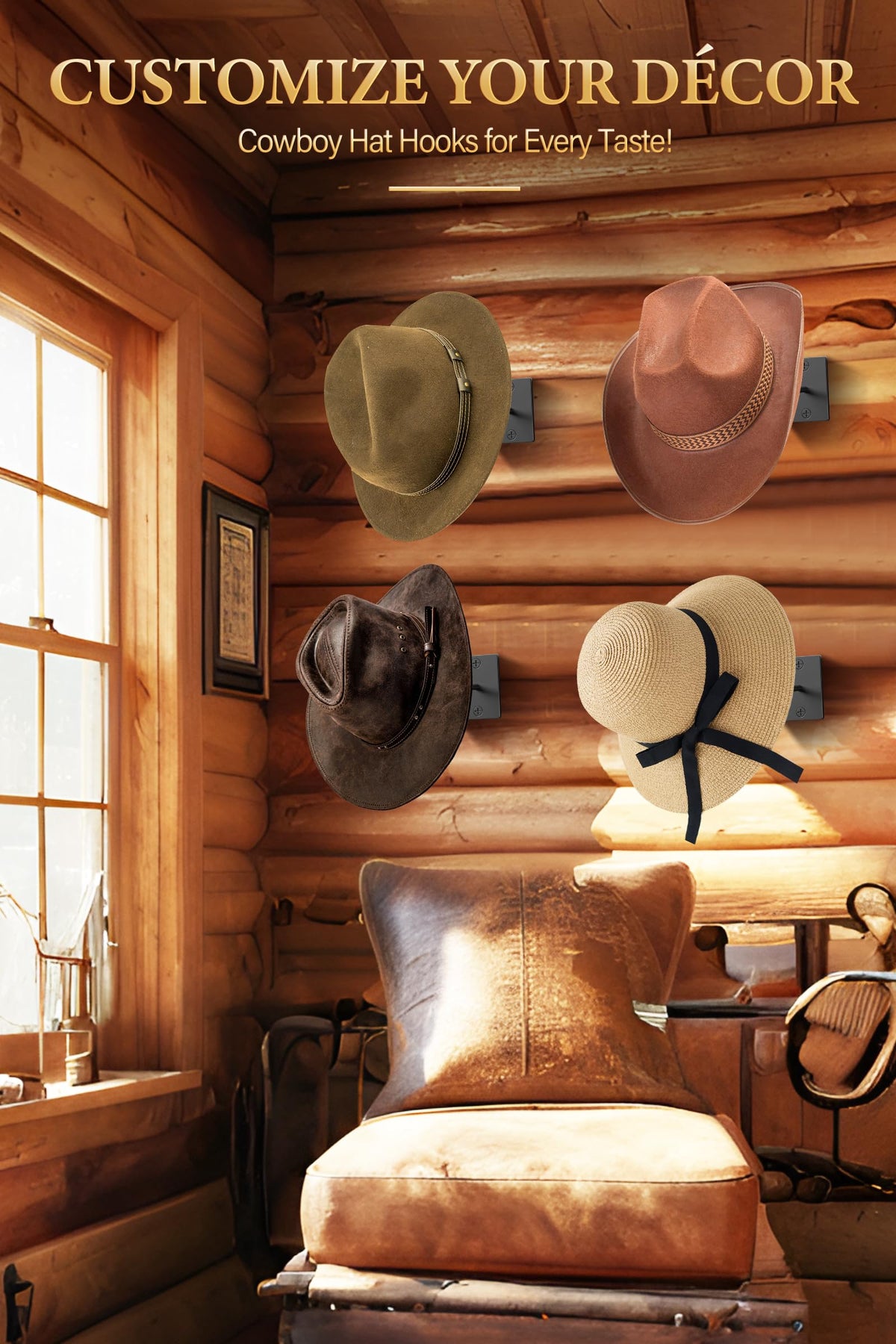Cinati multi-hat display hangers showcase cowboy hats, fedoras, and sun hats