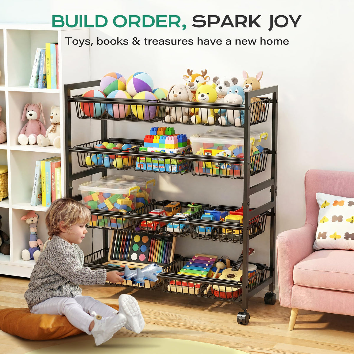 Cinati rolling pantry cart with 10 baskets offering quick access to snacks and produce.