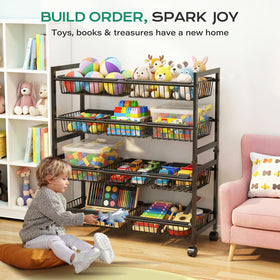 Cinati rolling pantry cart with 10 baskets offering quick access to snacks and produce.