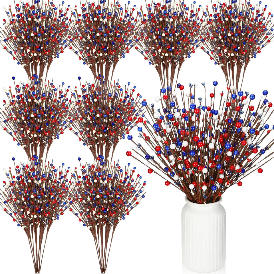 Cindeer berry stem picks in red white blue for Independence Day decor and easy arrangement.