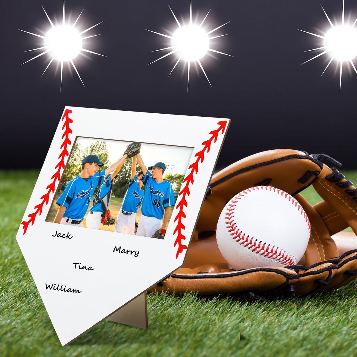 CinnVOICE baseball frame ready to display 4x6 photos with sleek 8x10 outer size.