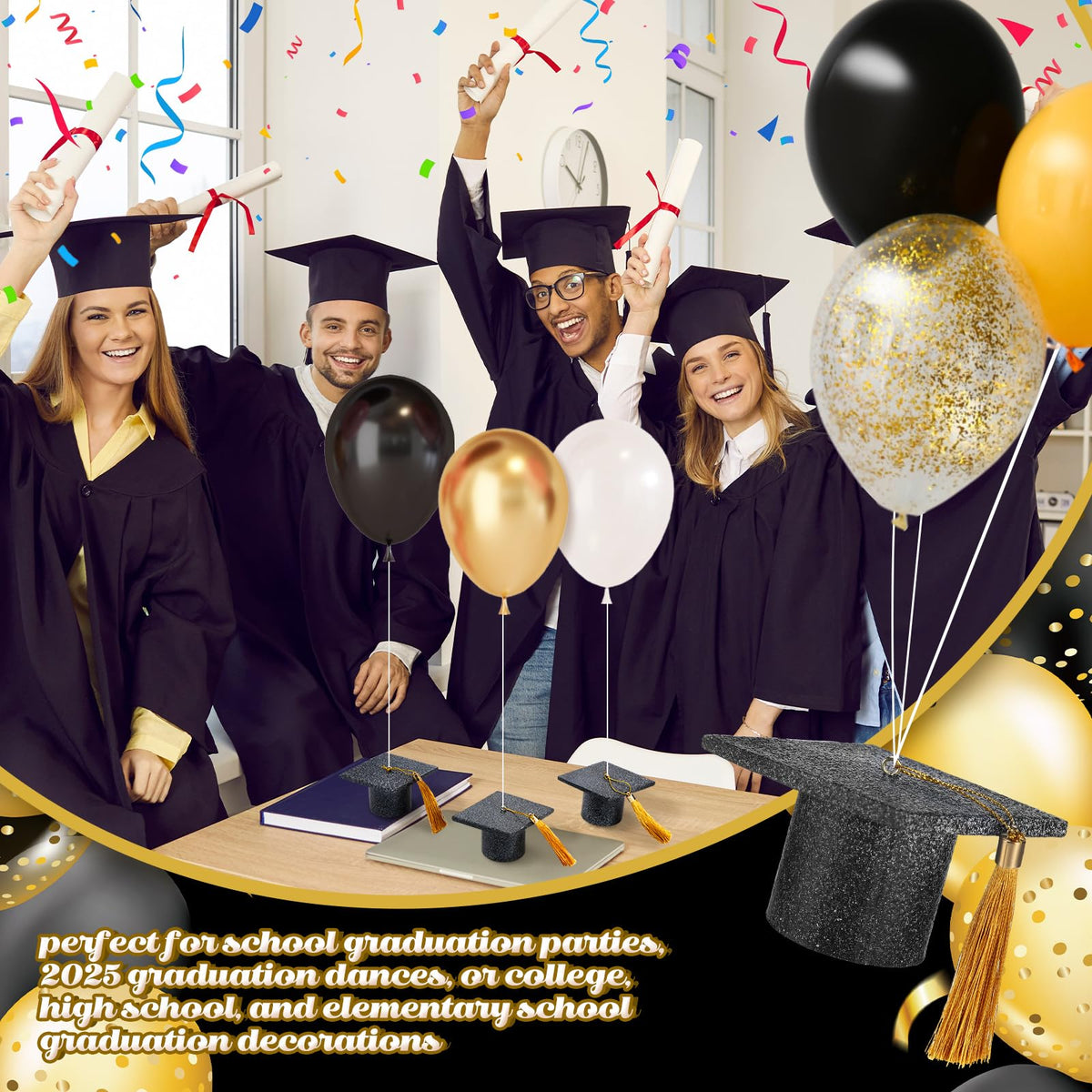 Cinnvoice graduation centerpiece balloon weight enhances table arrangements.