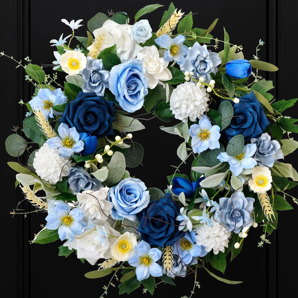 CIR OASES 22in blue front door wreath enhances curb appeal with elegant spring color