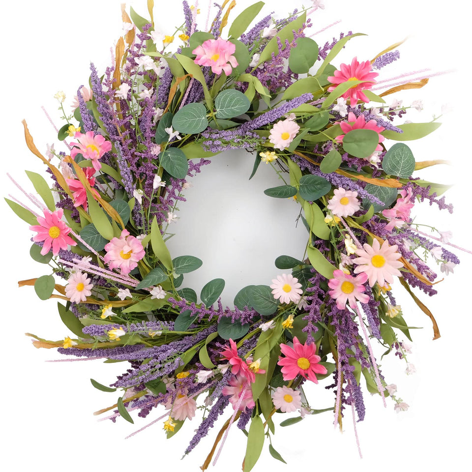 CIR OASES 22inch wreath with lavender and colorful flowers for entryway decor.