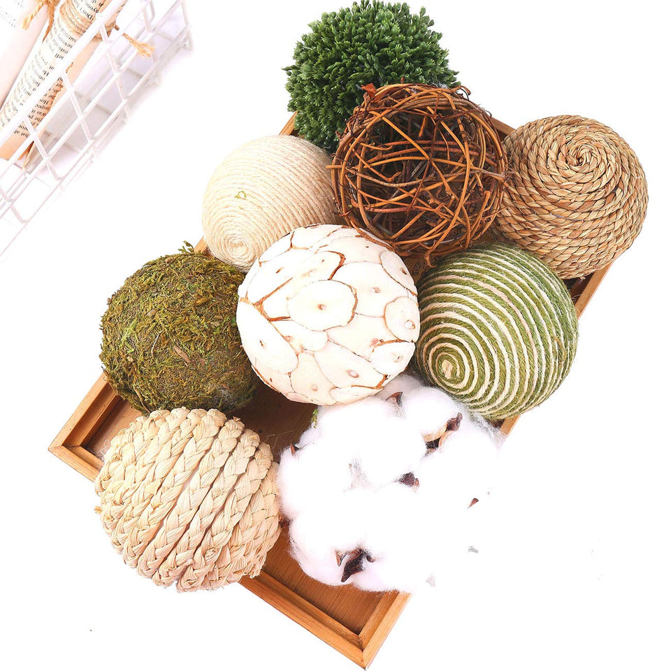 CIR OASES brown and white rattan balls for rustic centerpiece styling