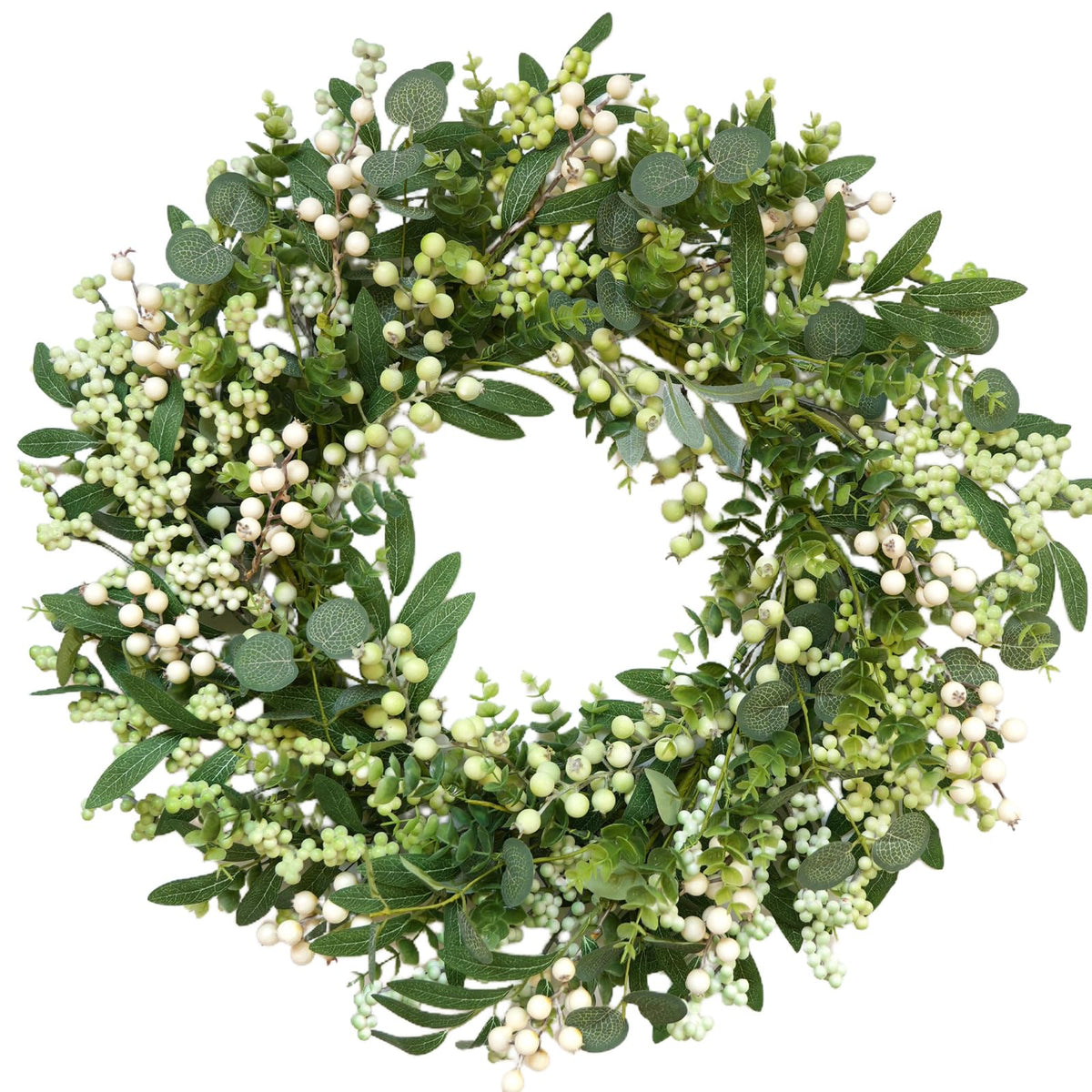 Cir Oases green eucalyptus wreath on front door enhances curb appeal and year-round style.
