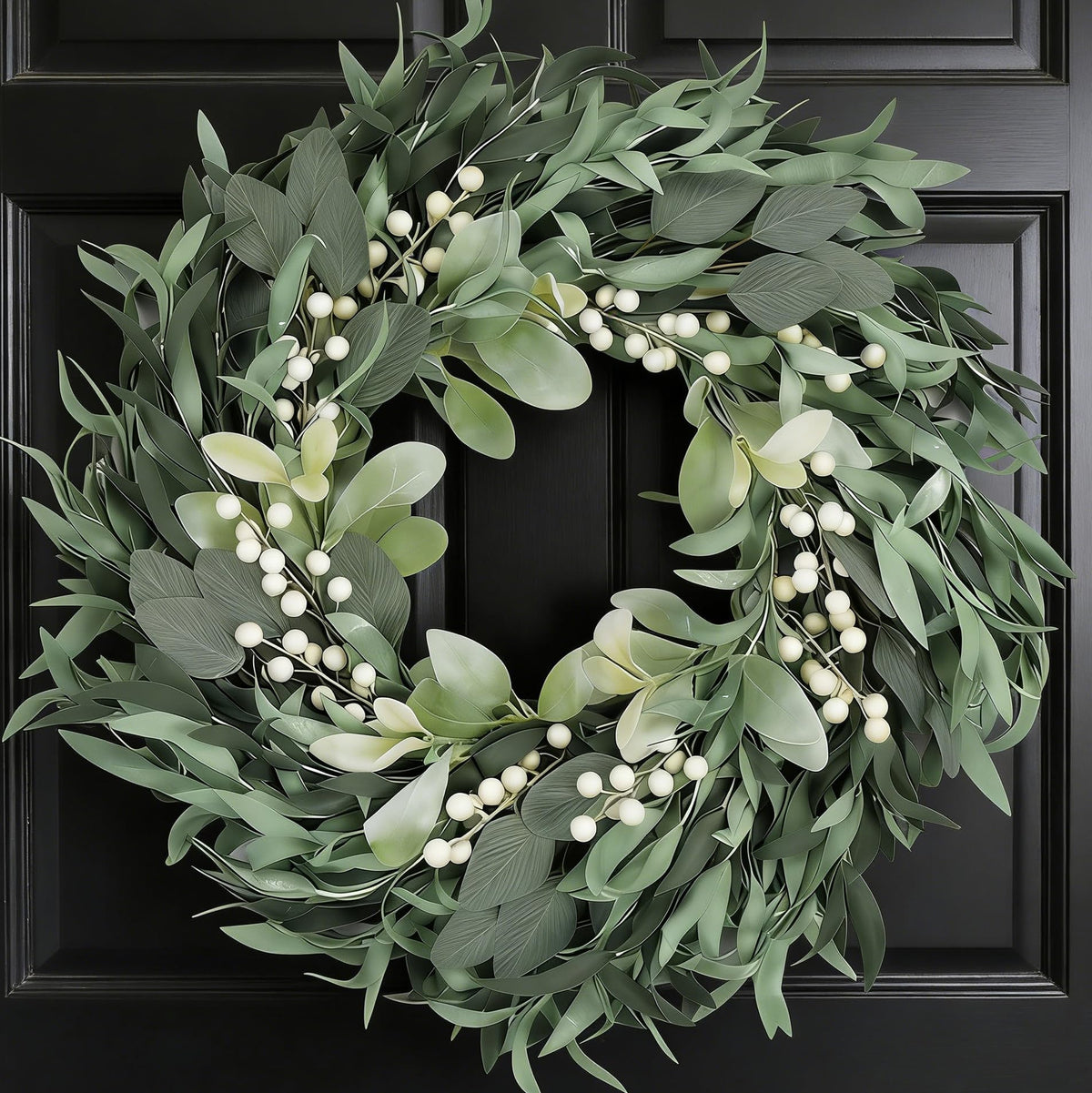 CIR OASES olive wreath on front door enhances year-round curb appeal.