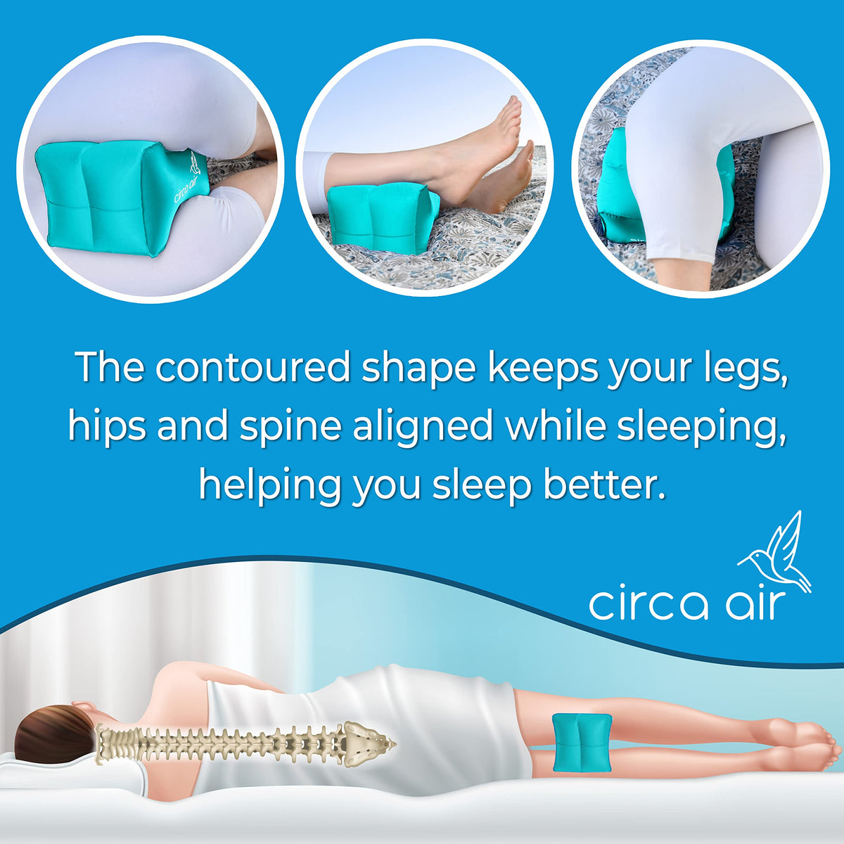 Circa Air knee pillow with push-button valve for easy, adjustable inflation.