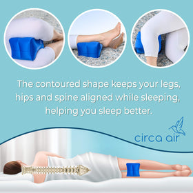 Circa Air knee pillow with push-button valve for quick inflation and adjustable firmness.