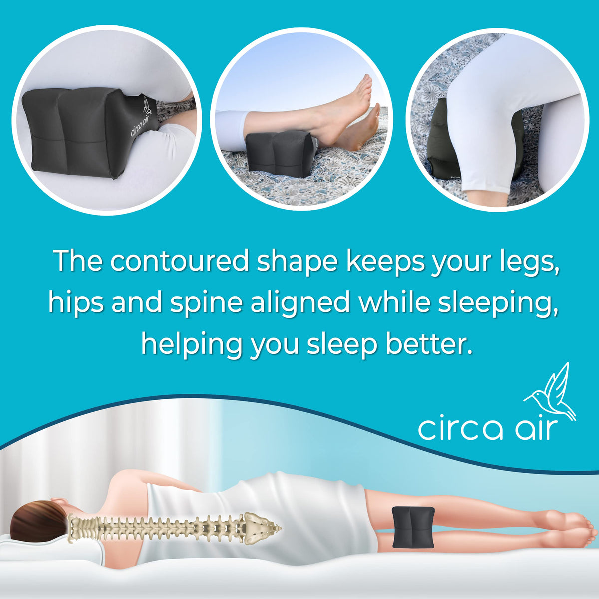 Soft TPU fabric Circa Air knee pillow provides gentle side-sleep support and enduring comfort