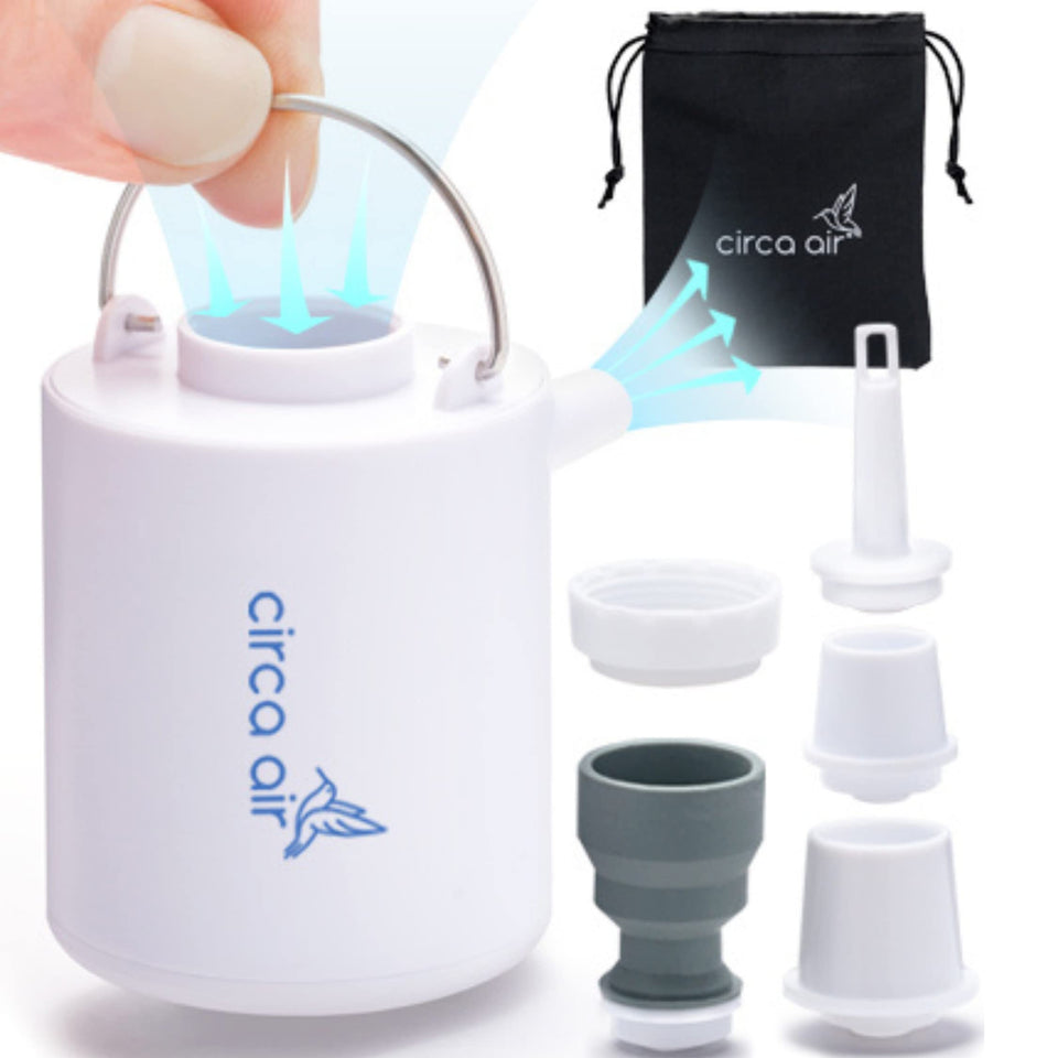 Circa Air Mini Pump shown in travel-friendly compact form for on-the-go inflating.