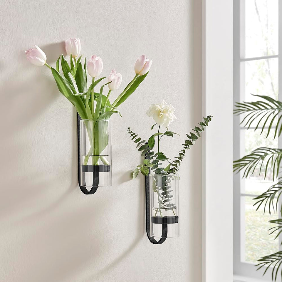CISEANOL 2-piece iron glass vase hanging stand front view for modern wall decor