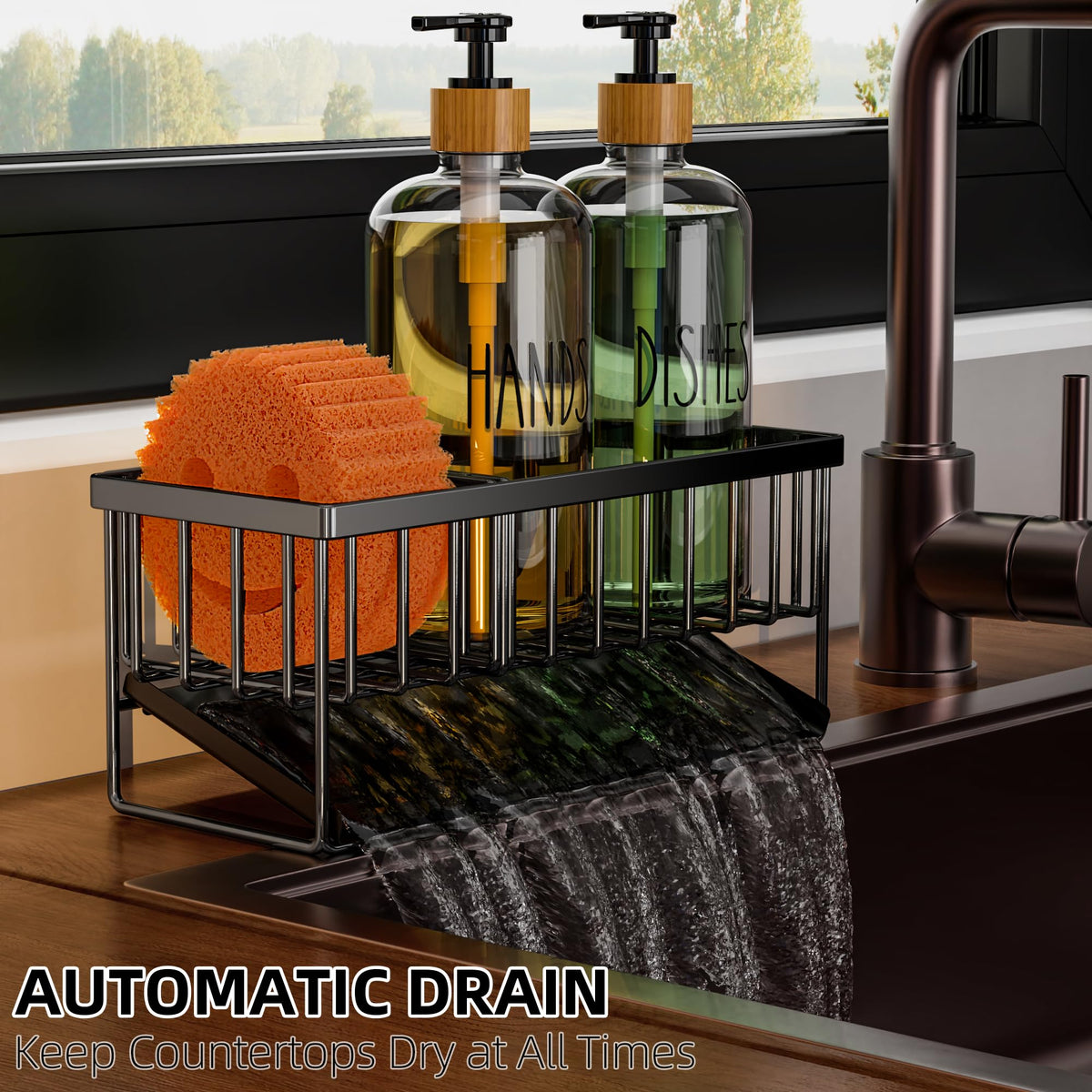 Cisily beveled drain plate prevents water pooling on the counter.