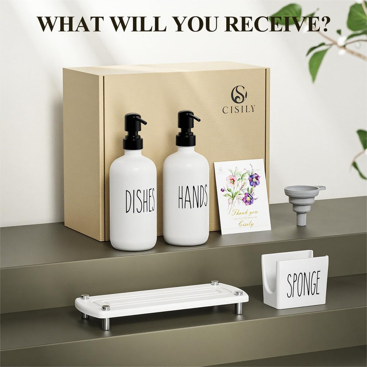 Cisily dish brush sits beside the holder for efficient cleaning.