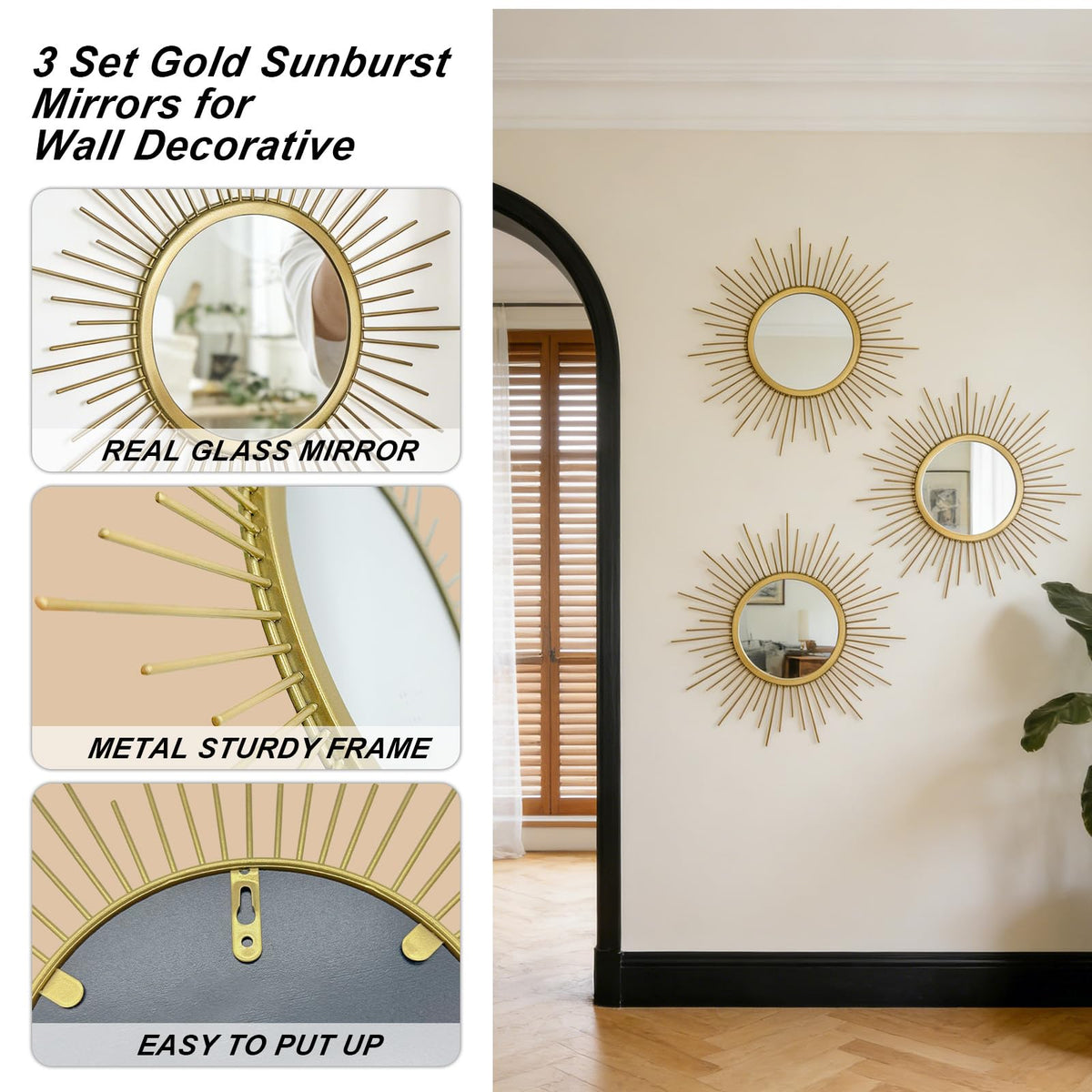 Cityelf black-accent sunburst mirror with gold touches for modern interiors