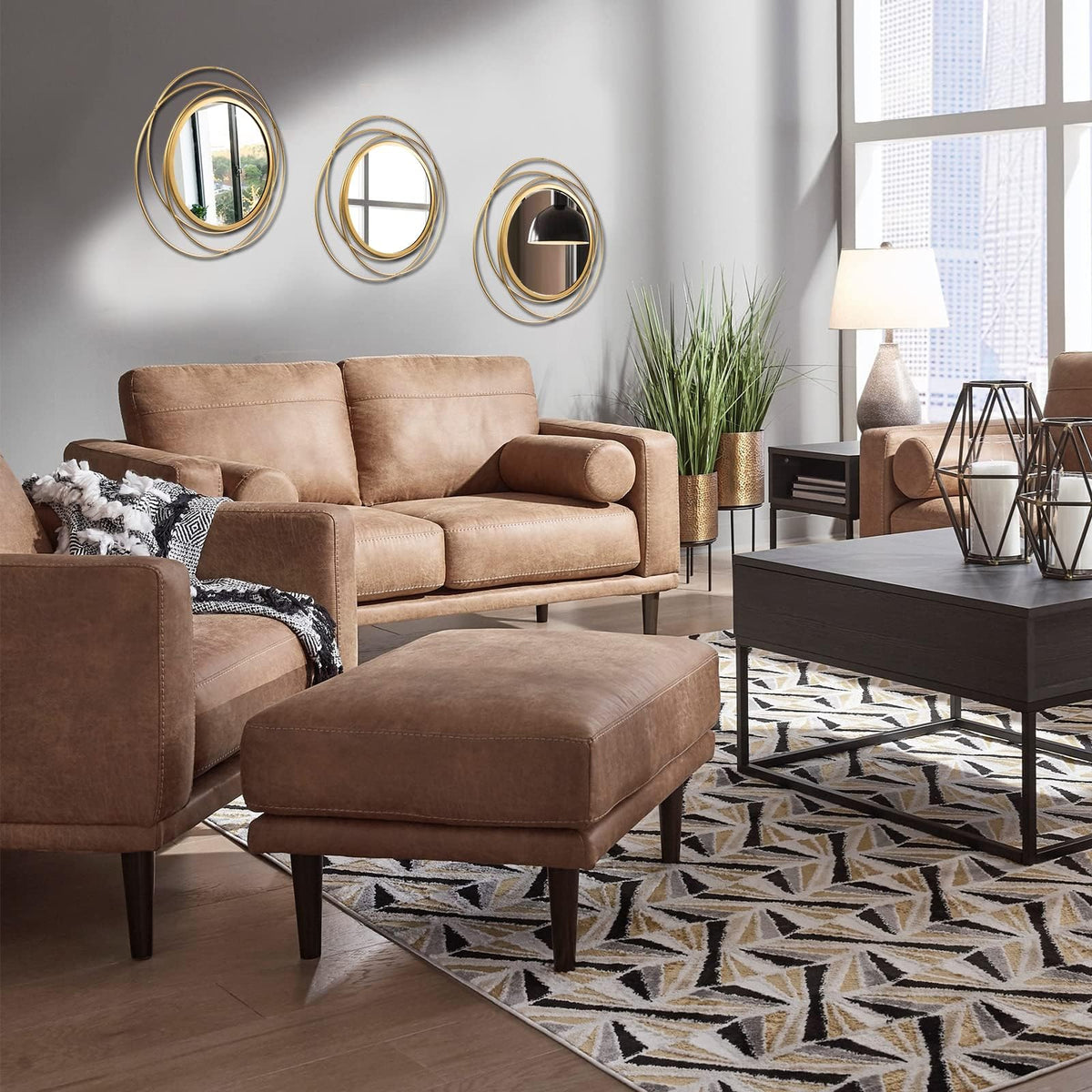 Cityelf sunburst-style gold mirror accent enhances living room ambiance