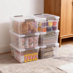 Citylife clear bin with reinforced handles for quick, easy transport.
