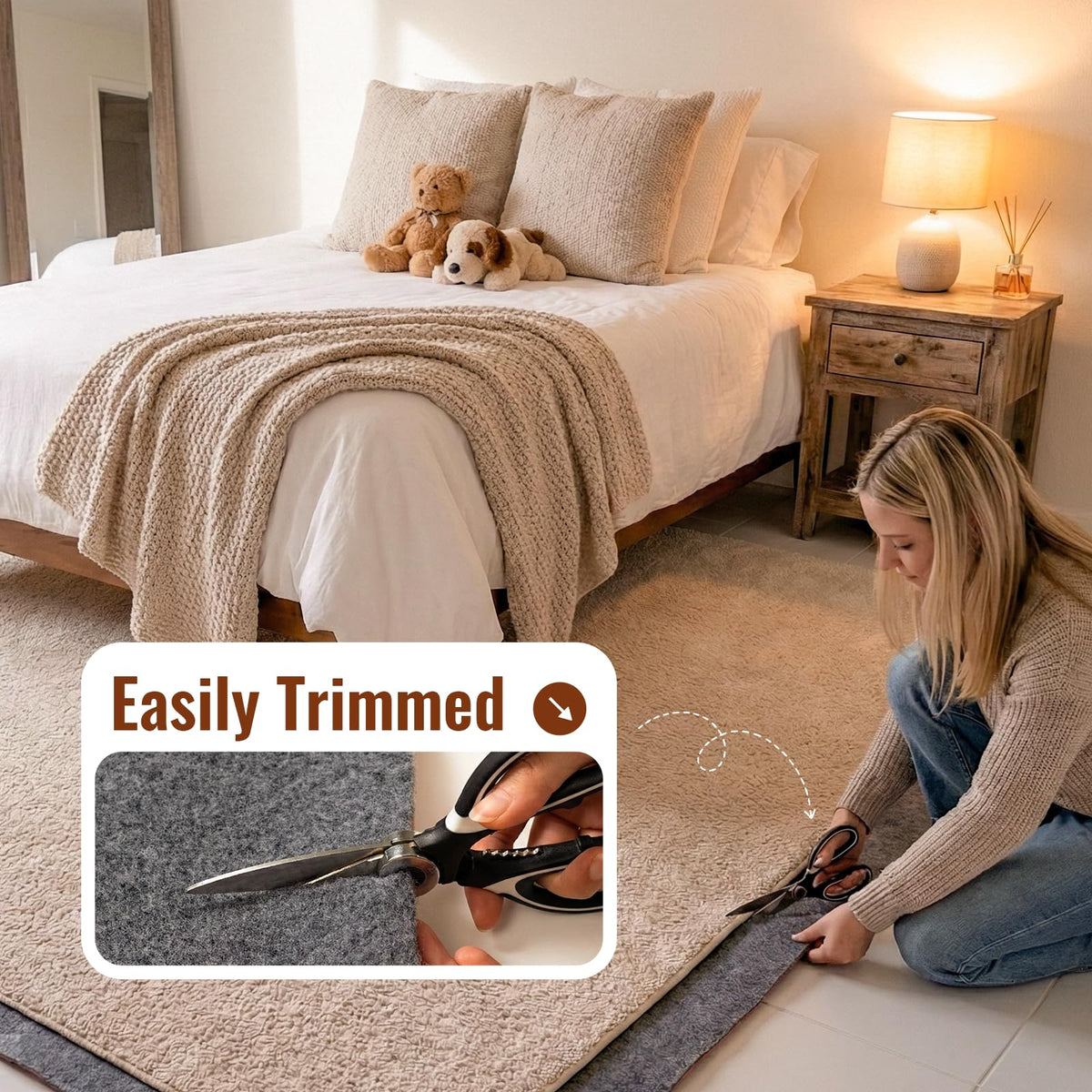 Cizistom rug pad trims easily to fit any rug shape.