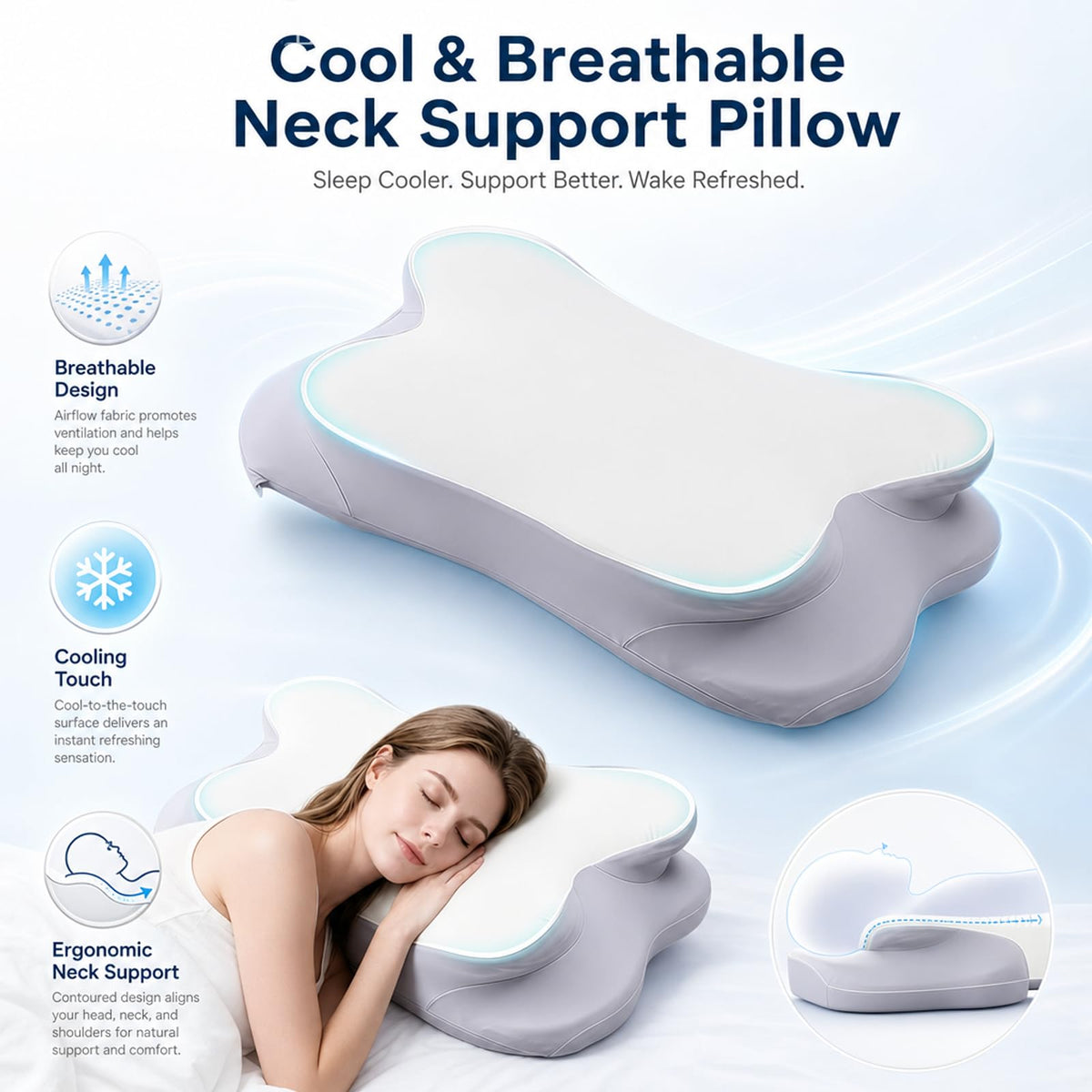 CJEODAJ Mellow Cloud Pillow back-stomach sleep pose shows adjustable loft.