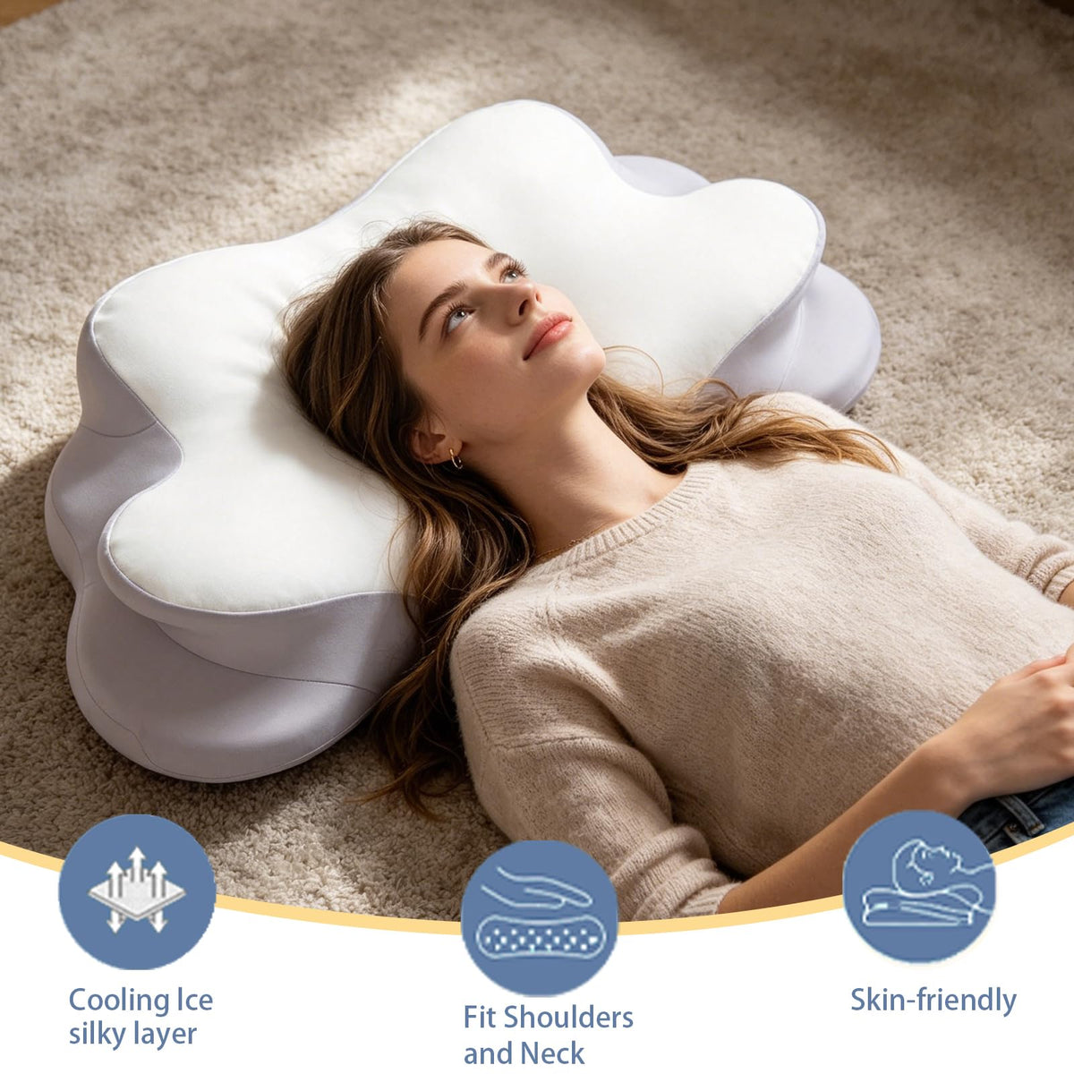 CJEODAJ Mellow Cloud Pillow side-sleep scene highlights shoulder-friendly support.