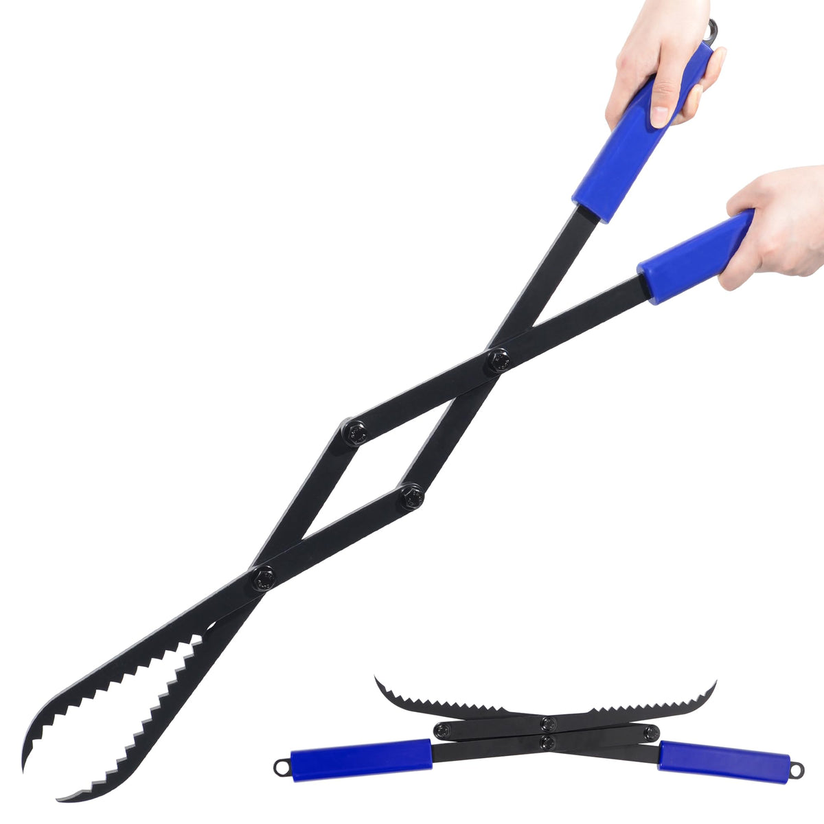 CKLT firewood tongs 28in extended grip for safe, precise log placement by the campfire