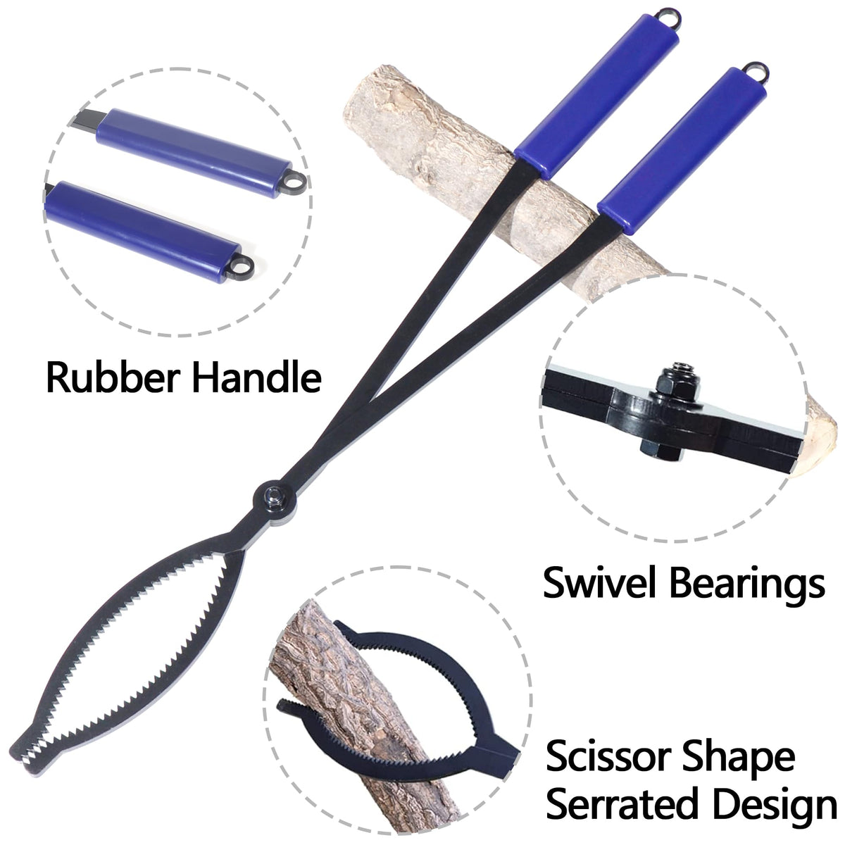 CKLT firewood tongs with scissor serrated jaws securing logs during placement.