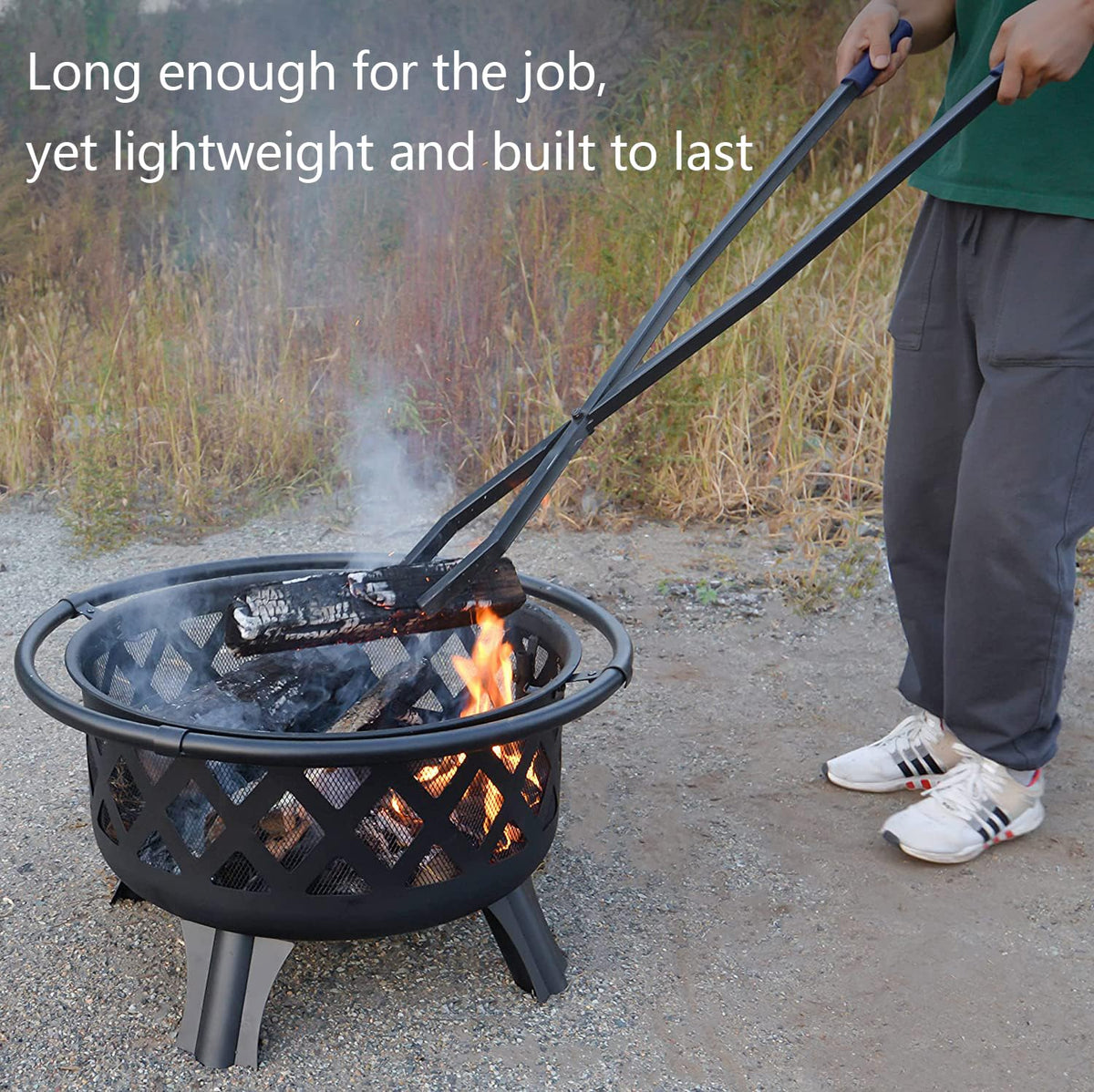 CKLT manganese steel construction with rust-resistant finish on fire tongs.
