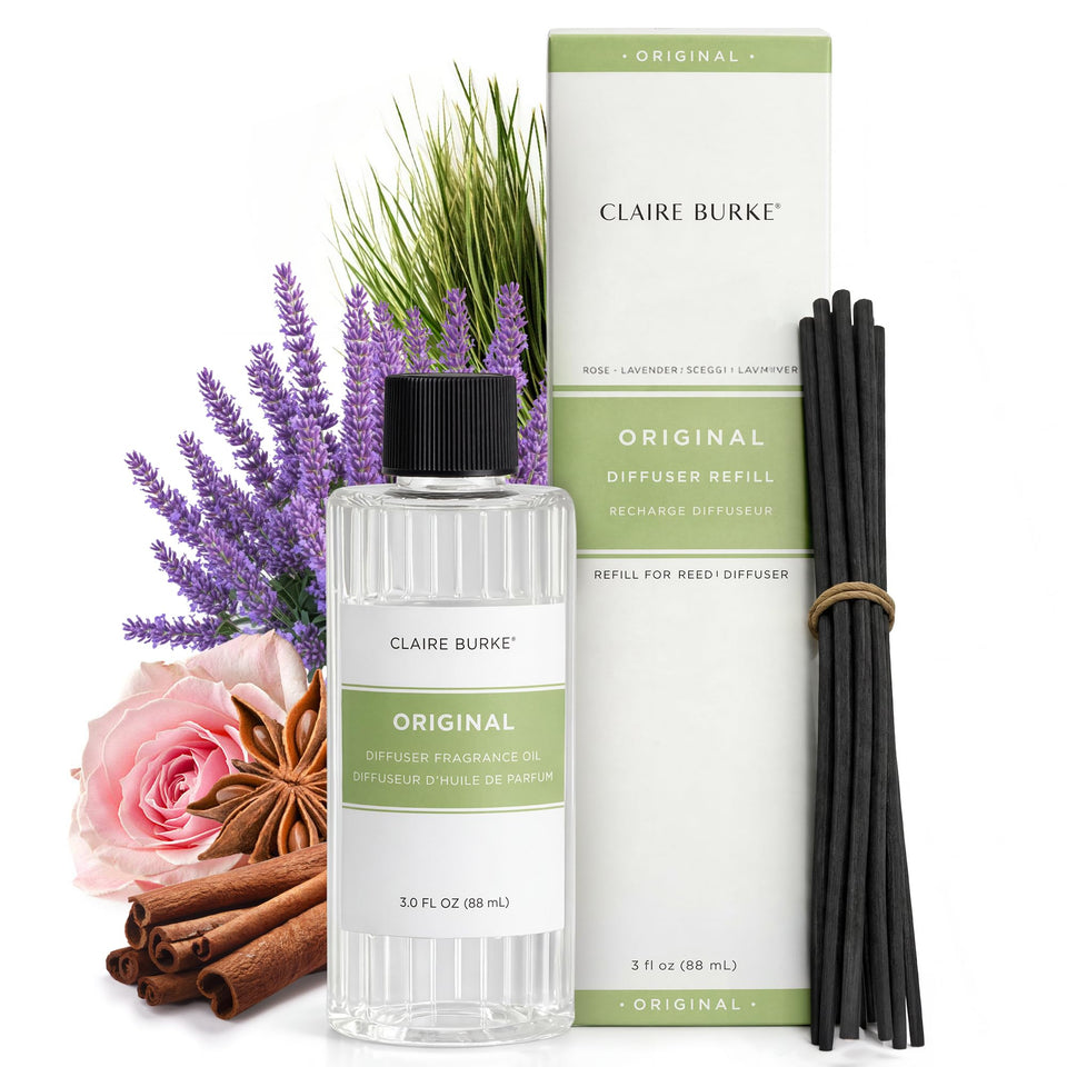 Claire Burke Original diffuser oil refill 3oz bottle designed for flameless diffusion and long-lasting scent.