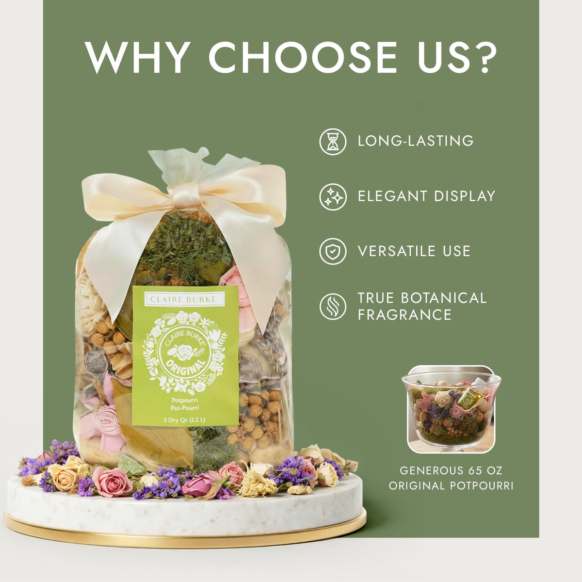 Claire Burke potpourri botanicals featuring roses and larkspur for elegant aroma.