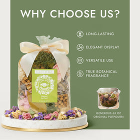 Claire Burke potpourri botanicals featuring roses and larkspur for elegant aroma.