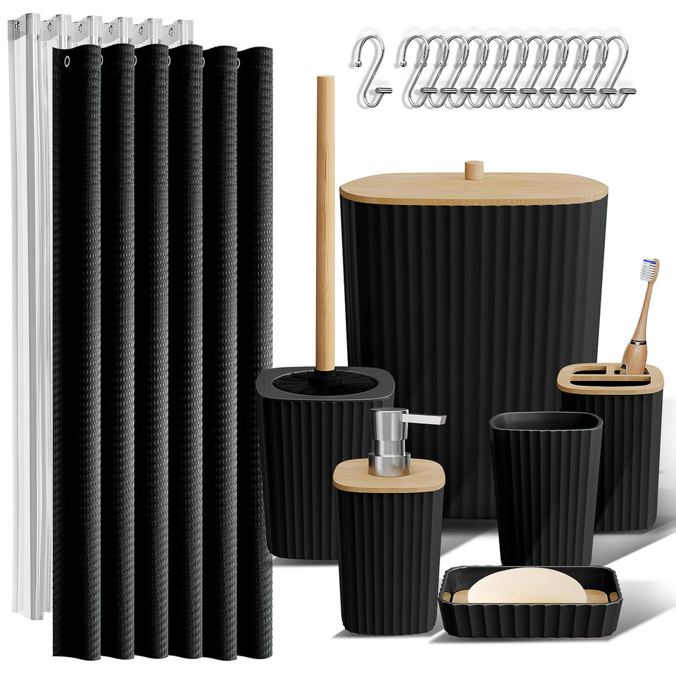 Clara Clark black bathroom accessories set shown as a cohesive collection for organized styling.
