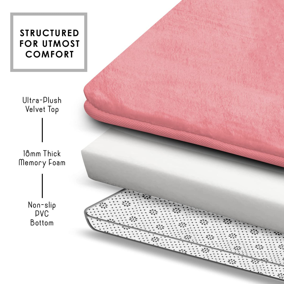 Clara Clark memory foam pink bath mat cushions feet during post-shower steps.