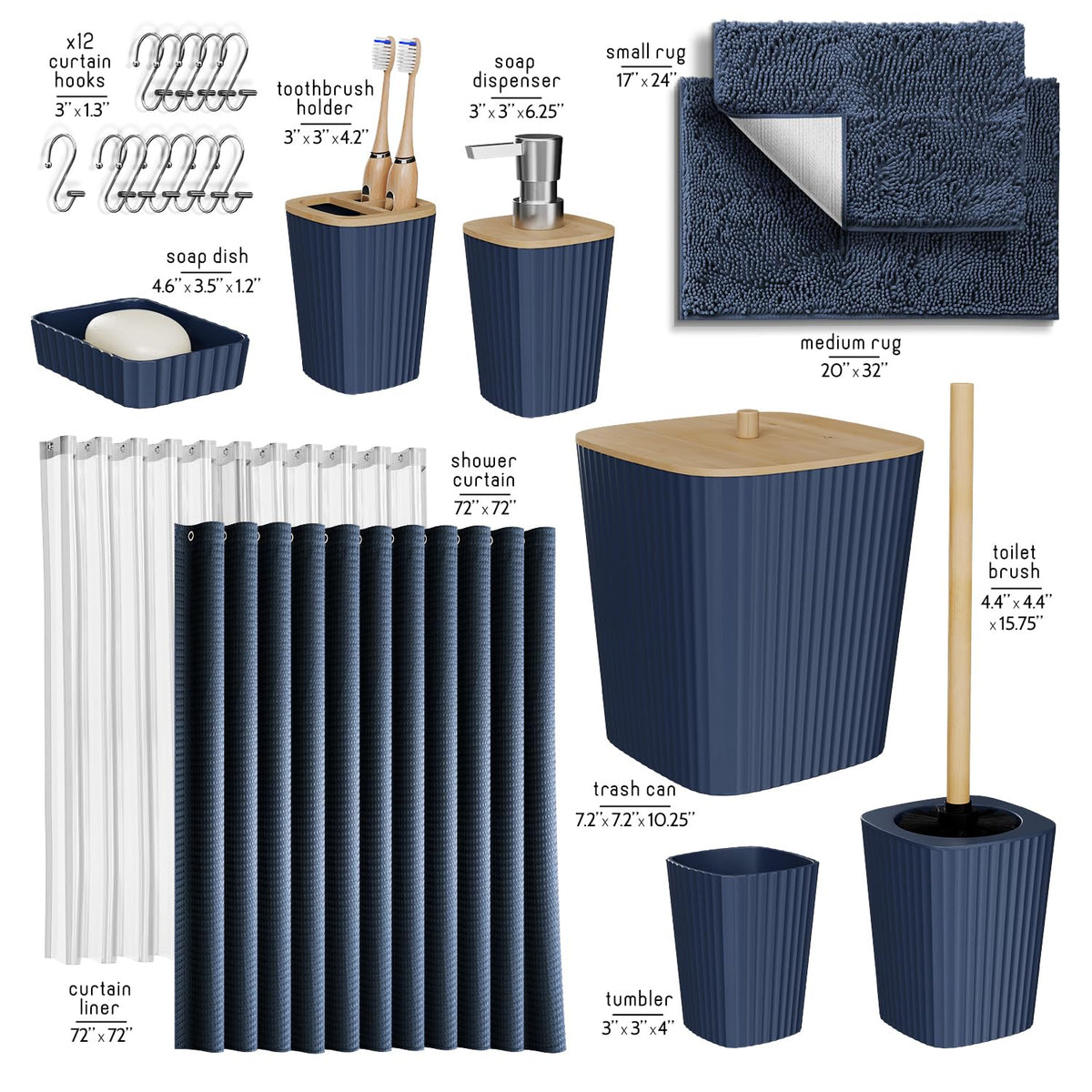 Clara Clark navy bathroom rugs emphasize soft chenille and high absorbency.